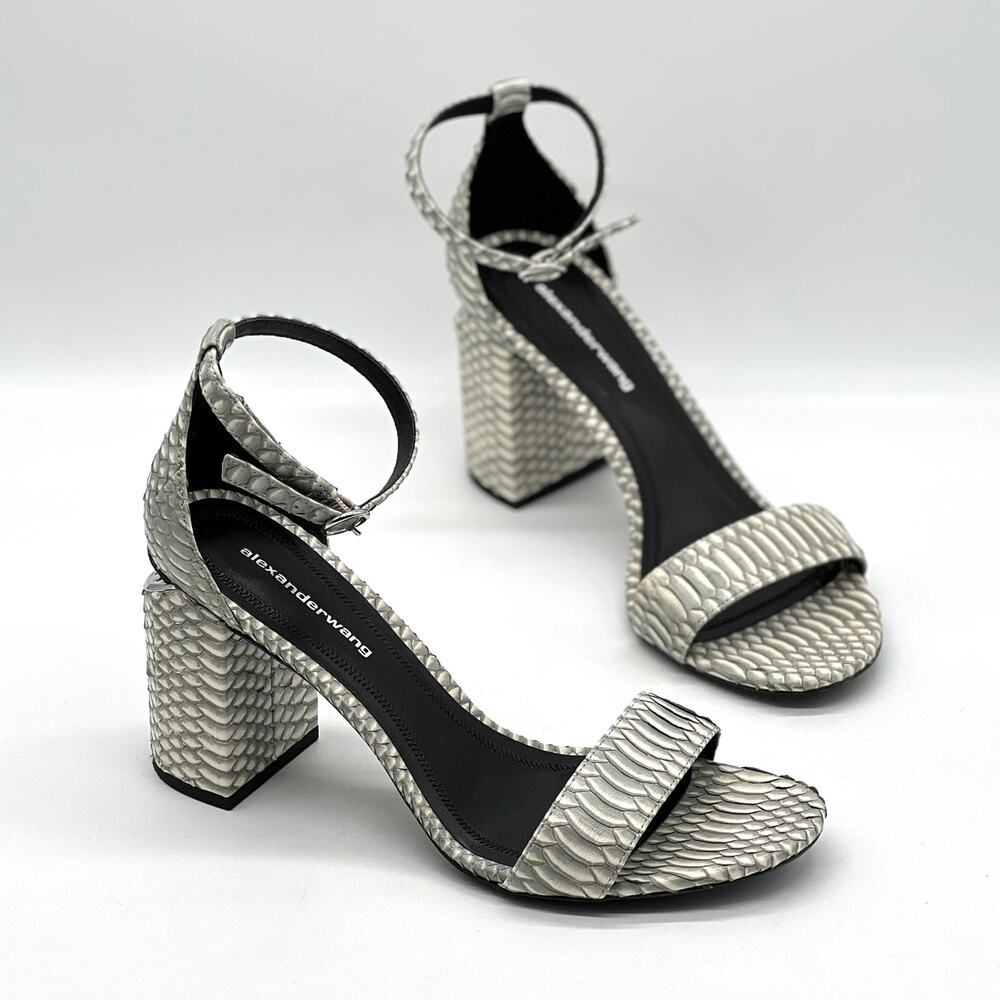 ALEXANDER WANG Abby Snakeskin Tilt Heel Sandal 37.5 Cream Gray Ankle Strap